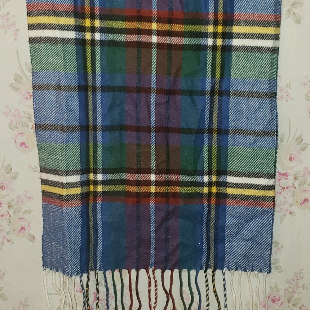 MADE IN SCOTLAND 100%Cashmere Scarf Blue Plaid Tarten Fringe Unisex 12" x 63"